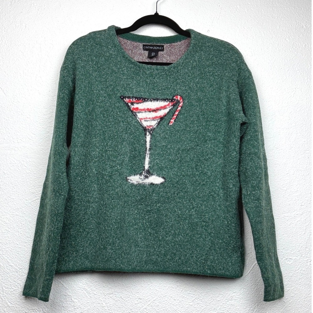 Cynthia Rowley Green Sweater - S - Martini Candy Cane Sequin Holiday Festive